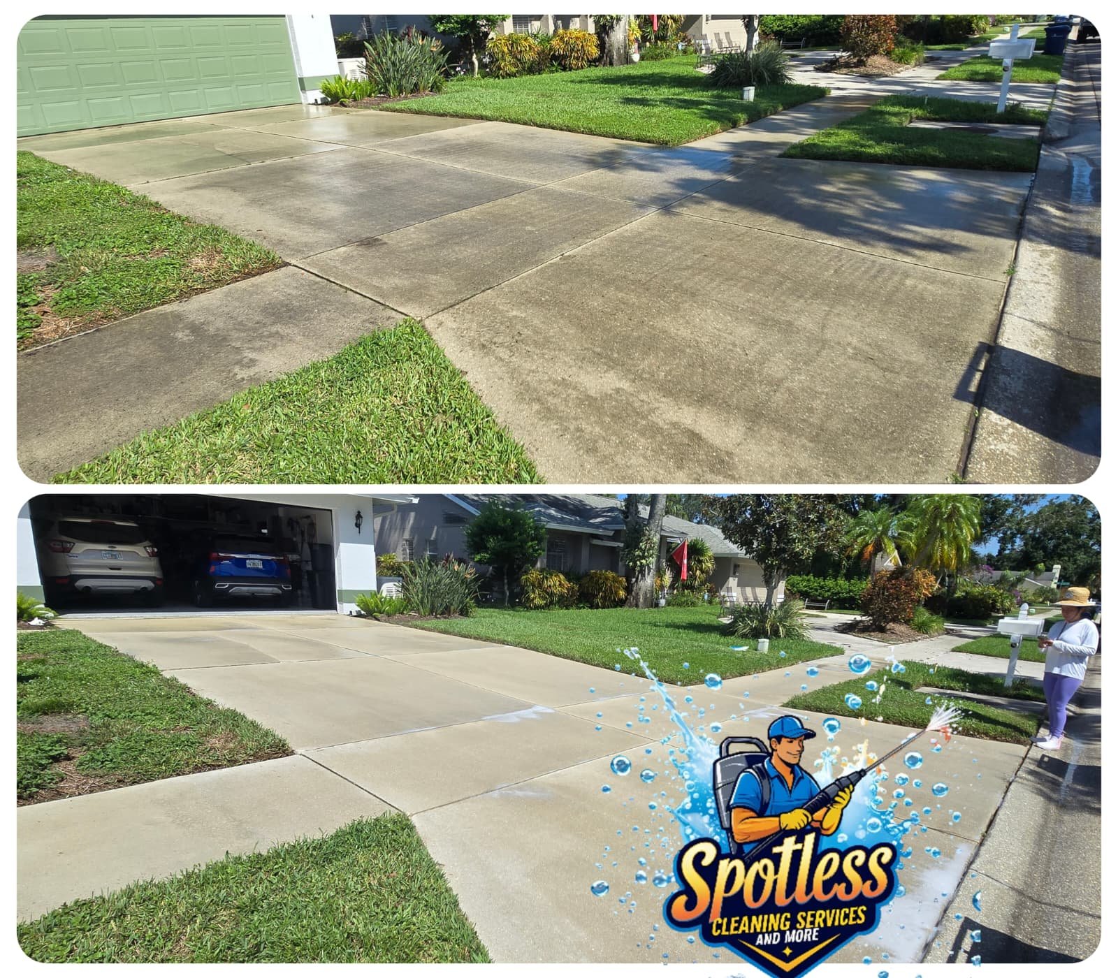 Concrete driveway cleaning before and after