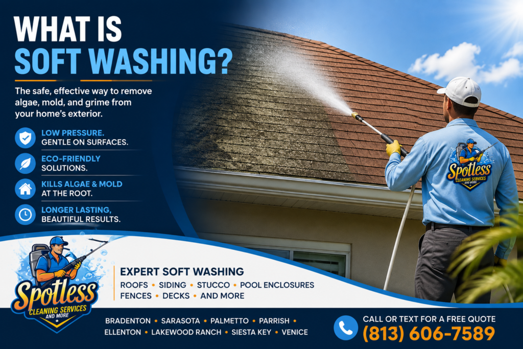 Professional soft washing of a roof to remove algae, mold and exterior buildup