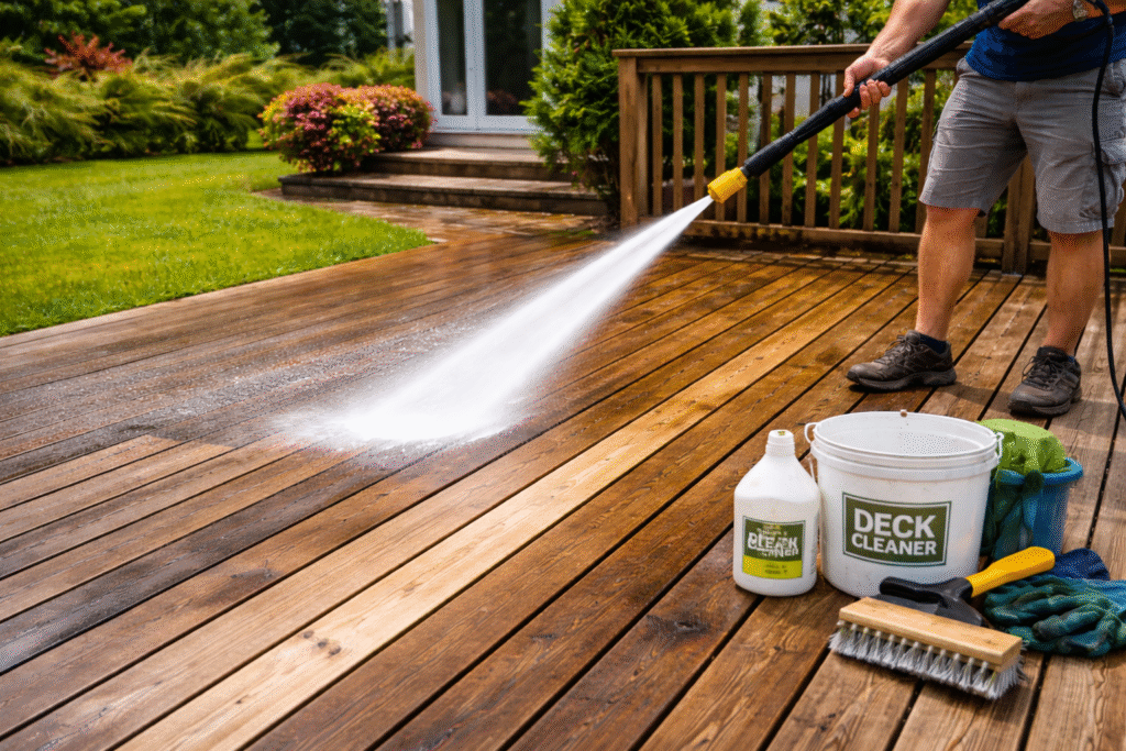 should i pressure wash my deck before staining it