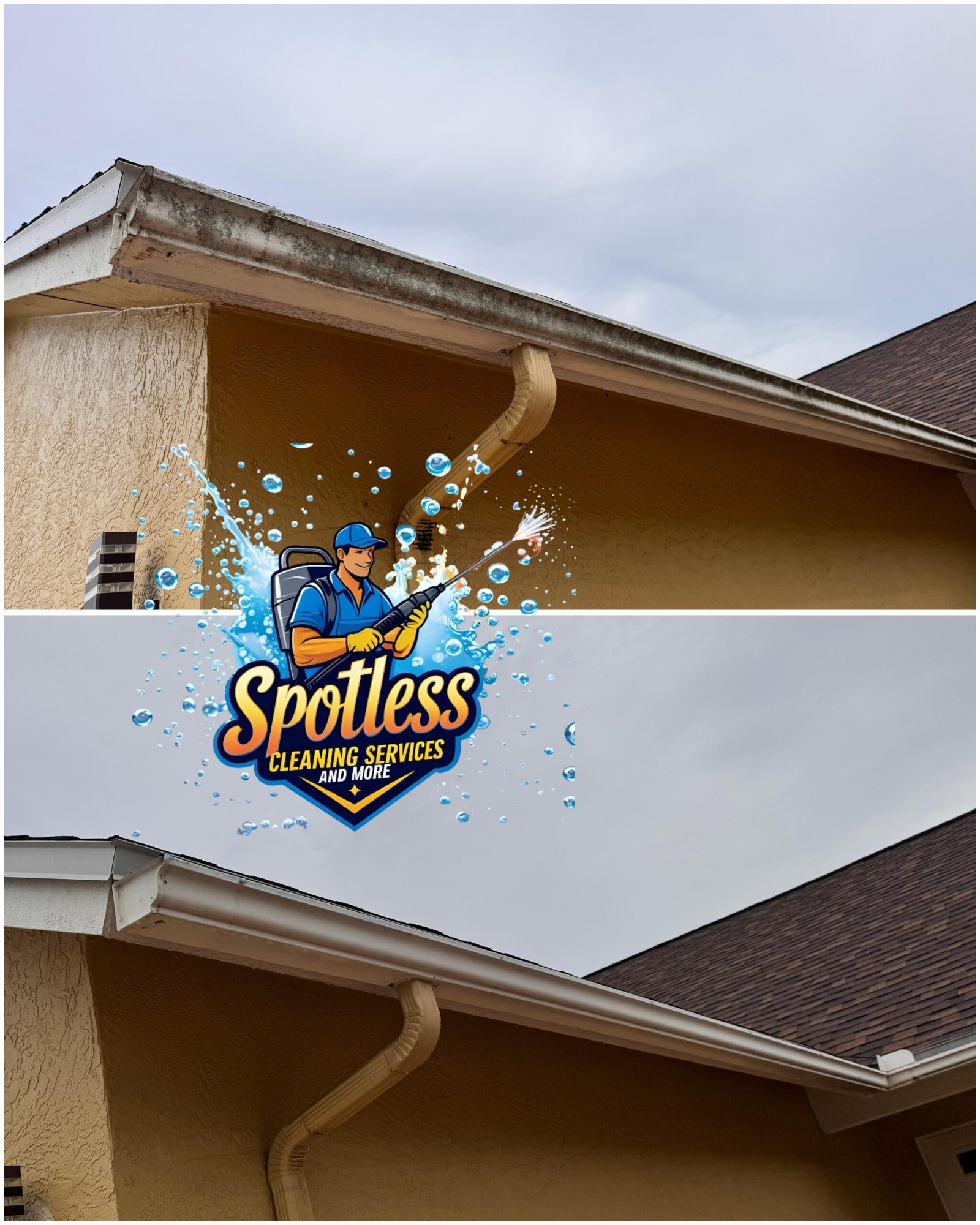 Clean white exterior gutters soffits and fascia after professional gutter brightening and roofline washing