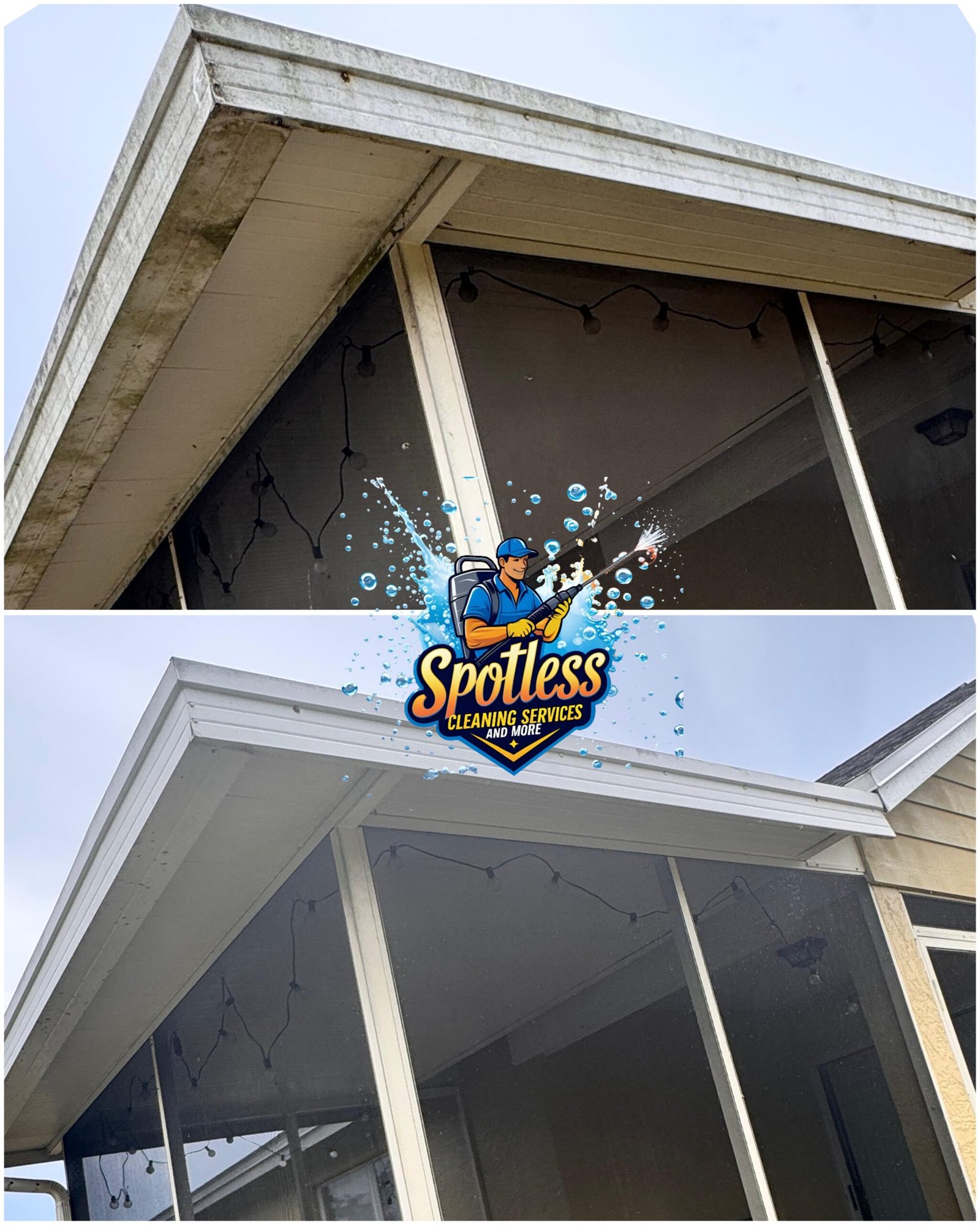 Exterior gutter soffit and fascia cleaning for mold mildew and grime by Spotless Cleaning Services and More