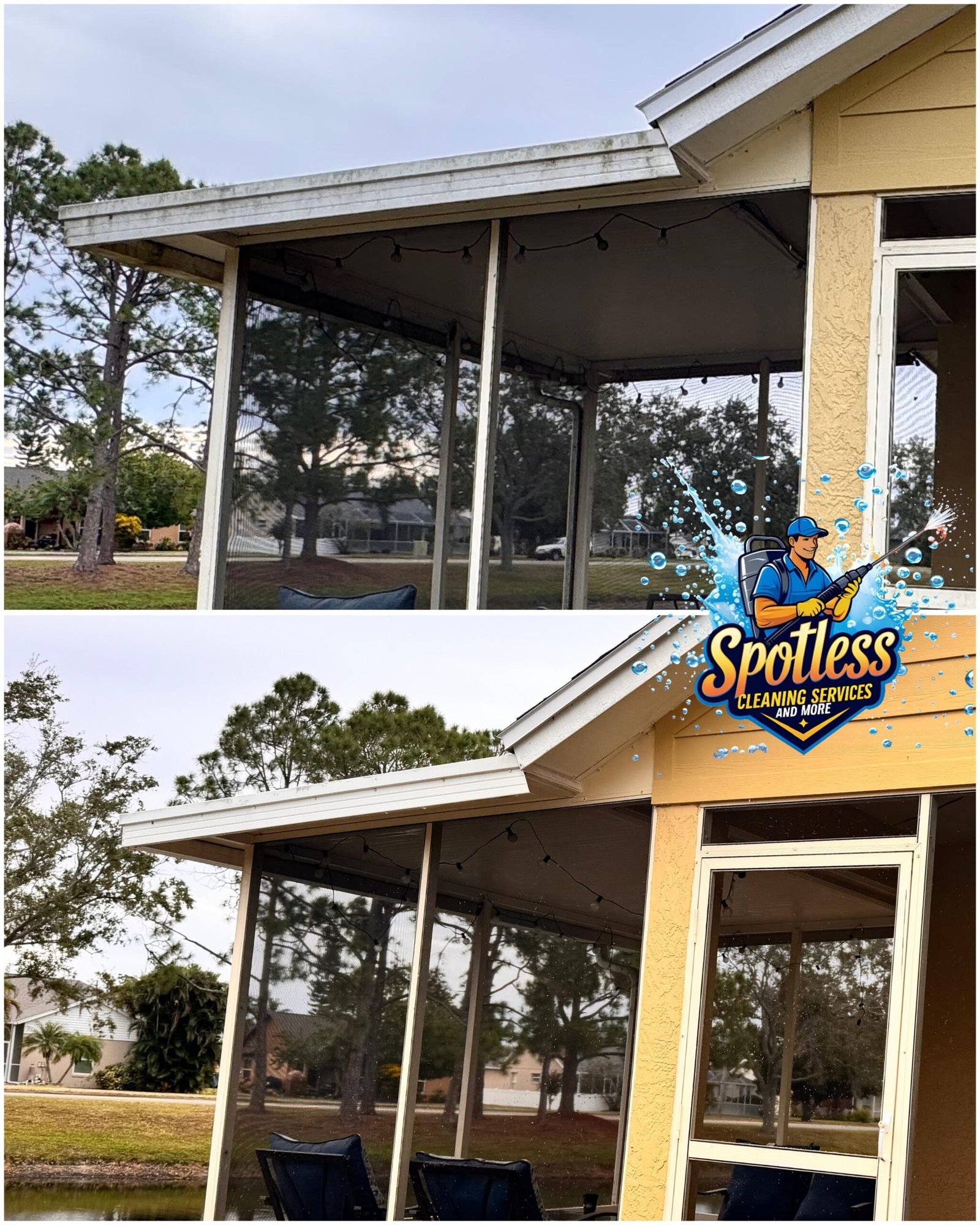 Before and after exterior gutter brightening on a Southwest Florida home showing mold and mildew removed from gutter faces soffits and fascia