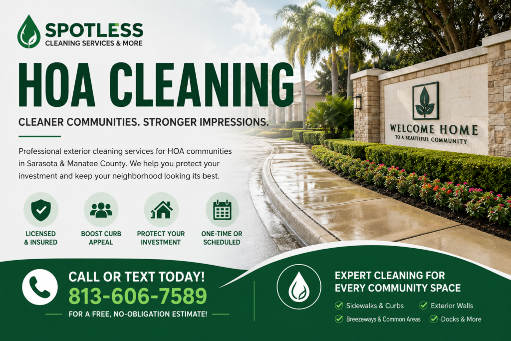 HOA cleaning services in Sarasota and Manatee County for sidewalks, curbs, exterior walls, breezeways, docks and community common areas