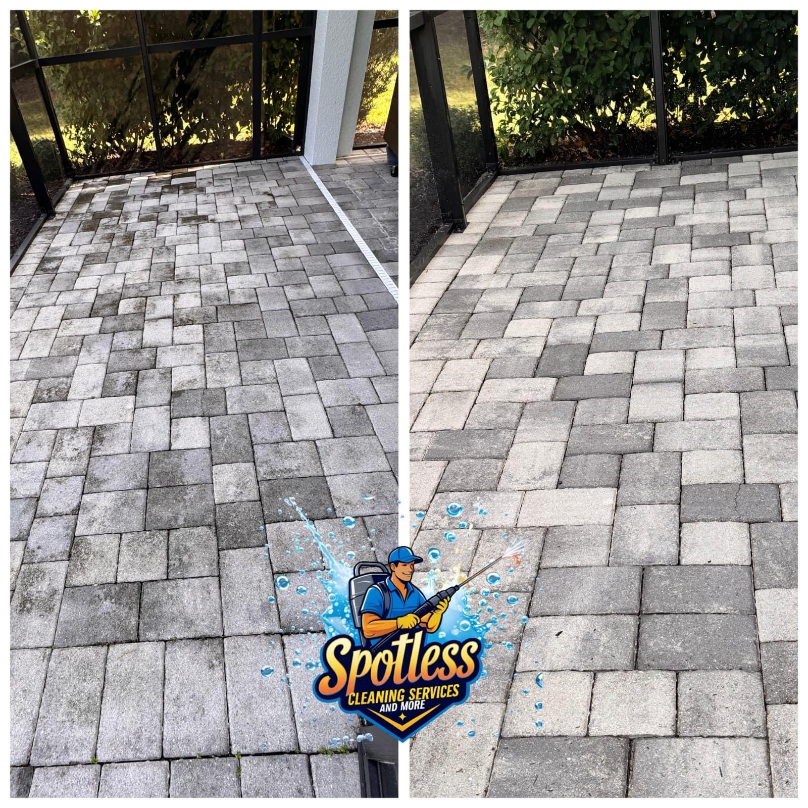 Professionally cleaned pavers before and after