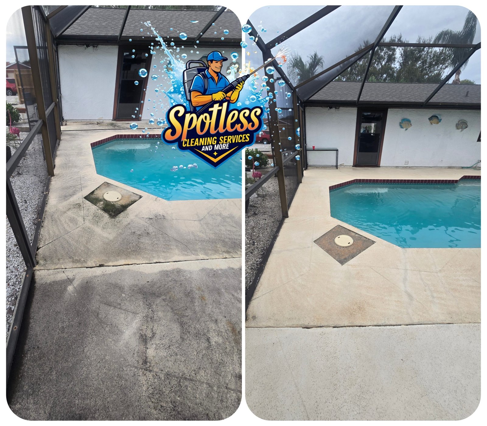 Textured concrete pool deck cleaning in Sarasota Florida