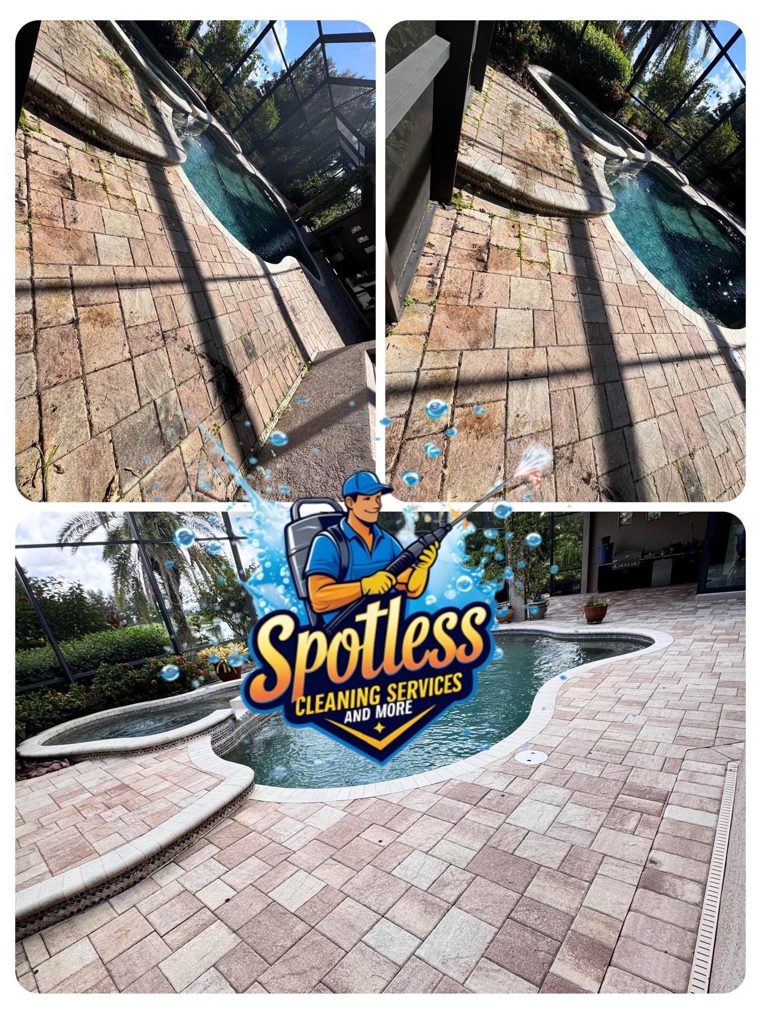 Pool deck pressure washing and weed removal between pavers