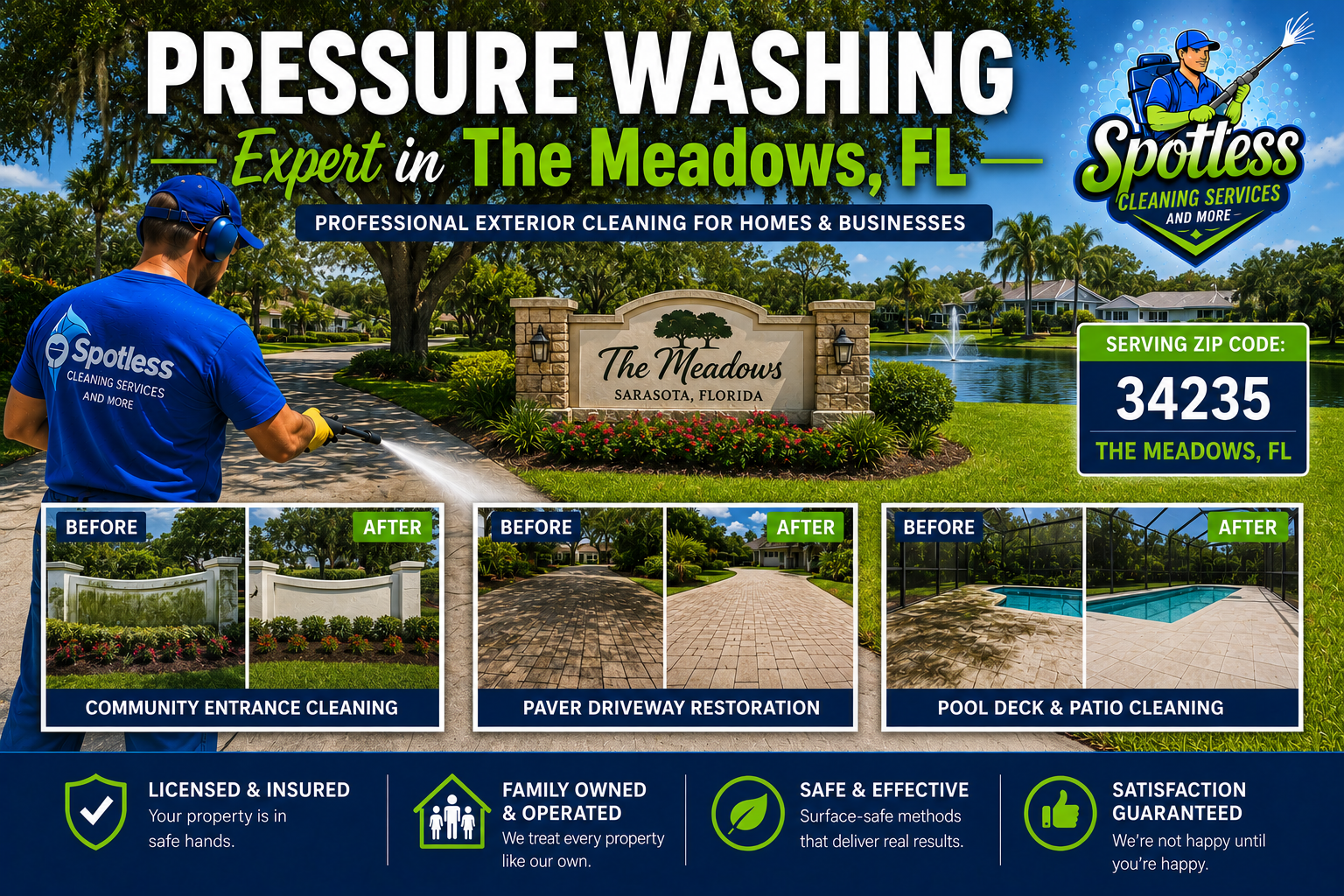 Pressure washing and soft washing services in The Meadows Florida