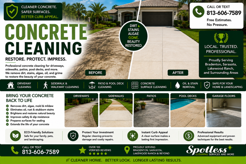 Professional concrete cleaning in Bradenton FL for driveways, sidewalks, patios and pool decks