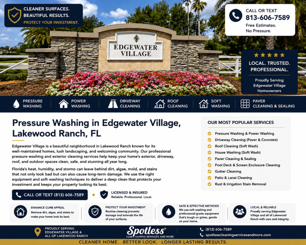 Pressure washing in Edgewater Village, Lakewood Ranch FL by Spotless Cleaning Services and More