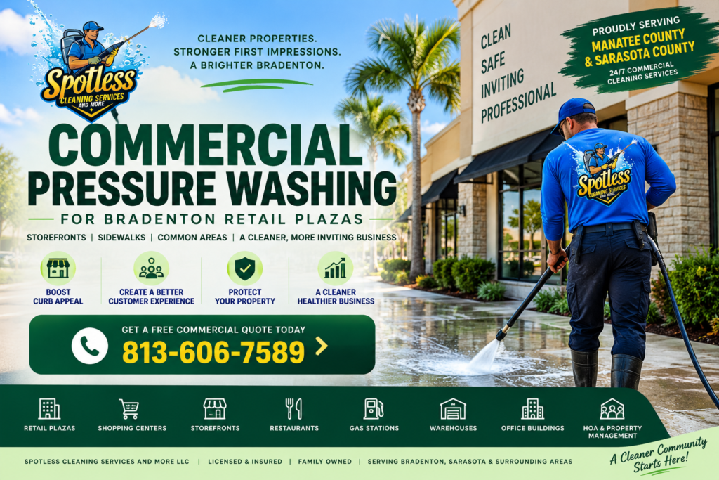 Commercial pressure washing Bradenton retail plaza storefront and sidewalks
