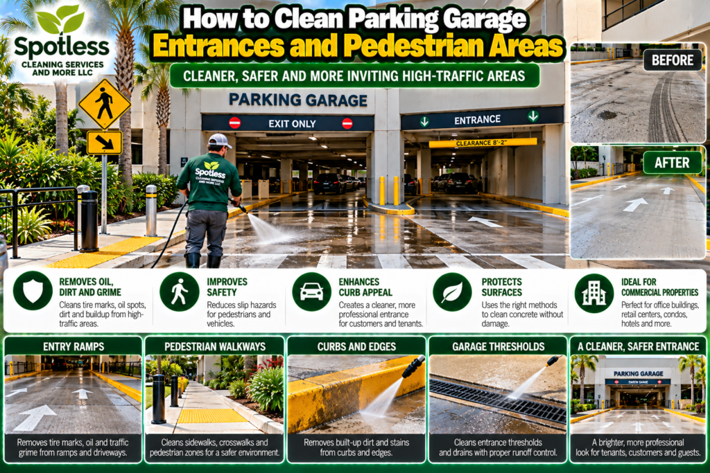 Clean Parking Garage Entrances and Pedestrian Areas