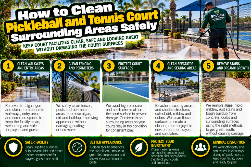 Clean Pickleball and Tennis Court Surrounding Areas Safely