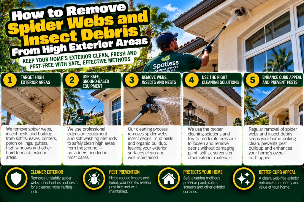 remove spider webs and insect debris from high exterior areas
