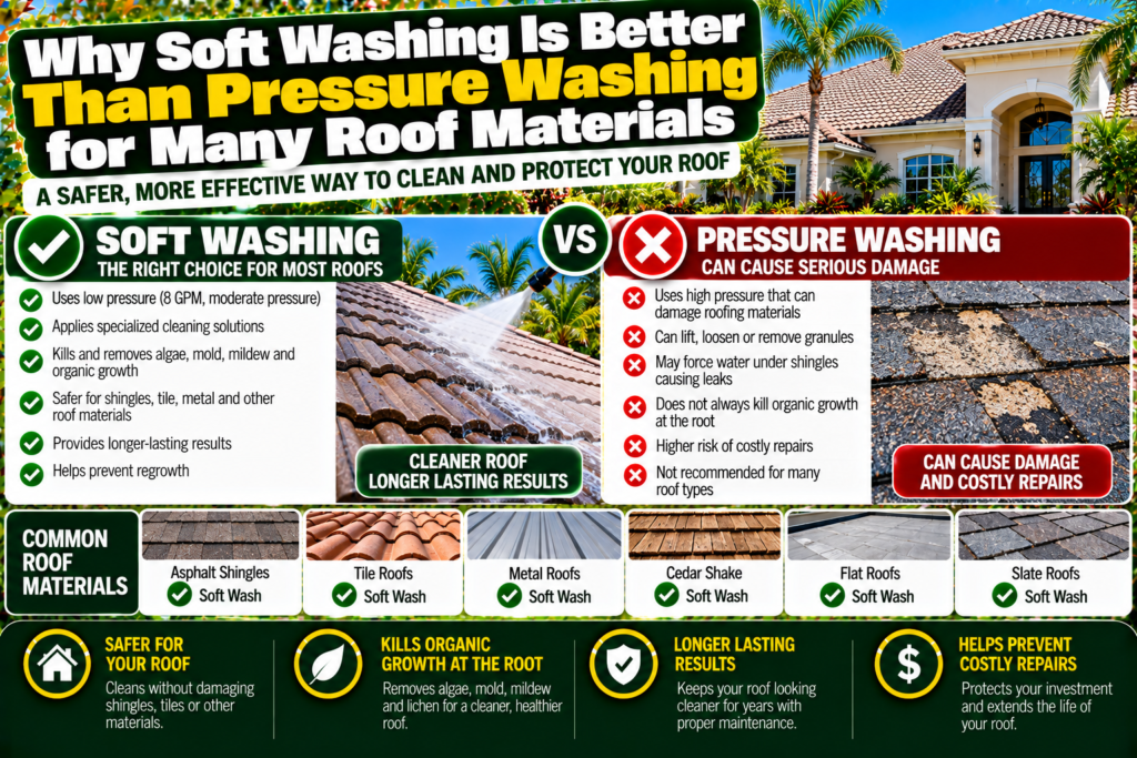 why soft washing is better than pressure washing for many roof materials