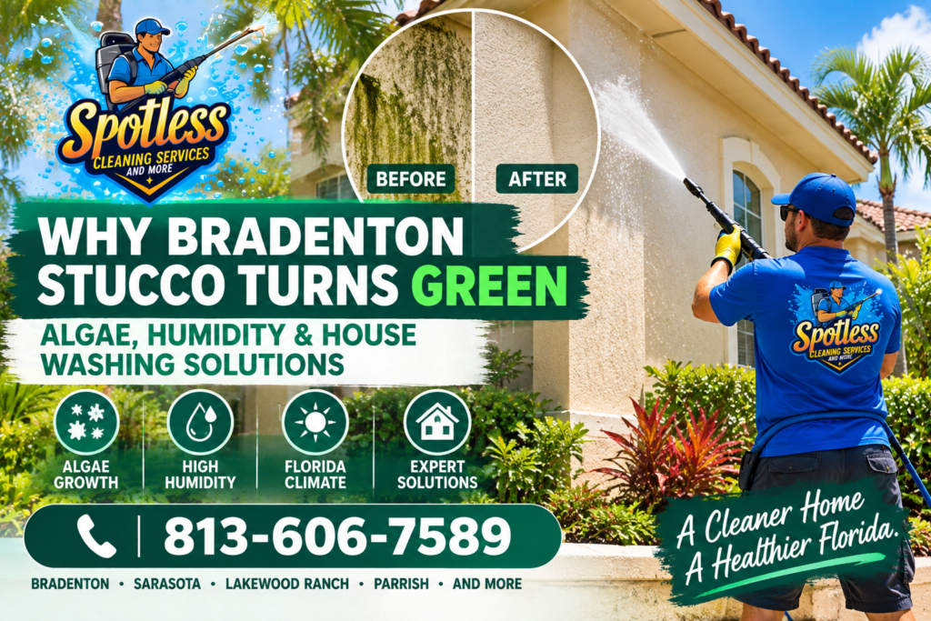 Bradenton stucco house with green algae being professionally soft washed by Spotless Cleaning Services