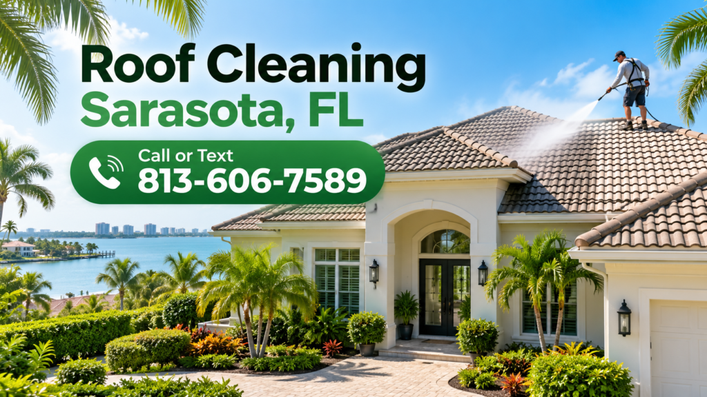 Roof cleaning service in Sarasota, Florida with technician cleaning a tile roof and phone number 813-606-7589